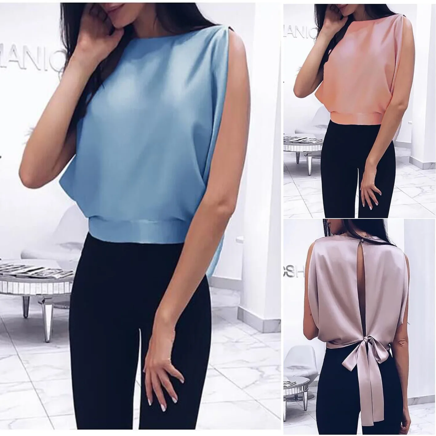 

Ladies Pure Color Sweet Vest Bowknot Halter Top Bat Shirt Vest T-shirt