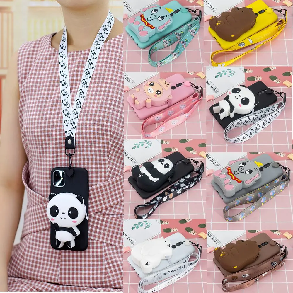 

S20 Ultra Case for Samsung A01 A51 A71 Case 3D Panda Silicone Wallet Cover for Galaxy S20 Plus A11 A21 A41 A81 A91 Case Lanyard