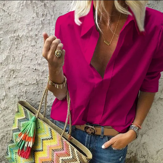 fuchsia Meren Verado/Осенняя Повседневная Свободная блуза с рукавами три четверти зимние сексуальные топы с отложным воротником Однотонная рубашка Женская - Цвет: fuchsia