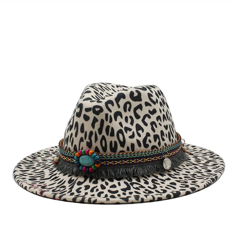 2020 new winter wool Fashion Leopard Printing Jazz Fedoras Men Women Vintage Trilby Cap Leisure Big Brim Felt Panama Hat | Аксессуары