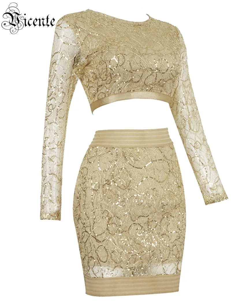 VC All Free Shipping New Chic Golden Sequins Long Sleeves Mini Skirt Two Pieces Celebrity Party Club Tops Skirt Suit