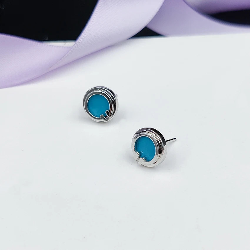 

Brand Sterling Silver Women's Earrings Classic T Series Round Enamel Mother-Of-Pearl Earrings Couple Anniversary Jewelry Gift