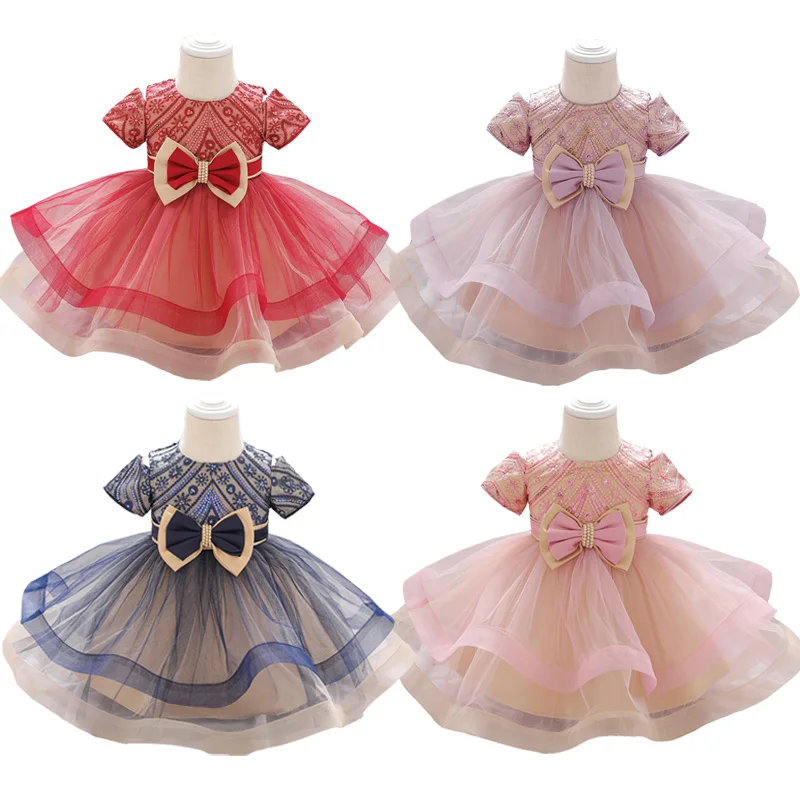 Платье принцессы для маленьких девочек красное розовое вечерние бантом и