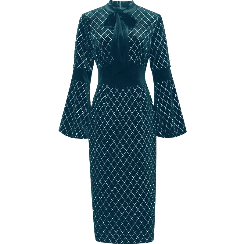 

Autumn 2020 New Winter Women's Black Velvet Slim Patchwork Long Sleeves High Waist Bow Lace-Up Vintage Knee-Length Dress