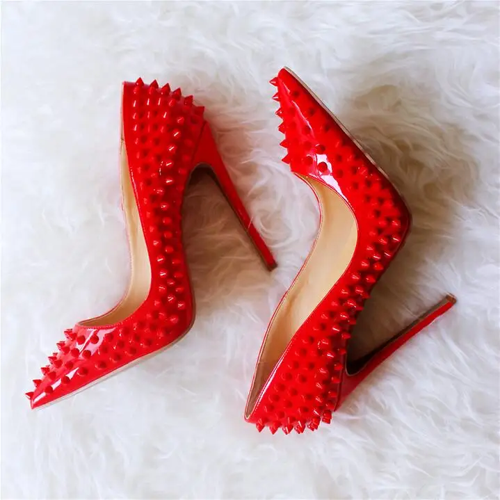 

Women Sexy Red Patent Leather High Heels Celebrity Pumps With Rivets Lady Pointed Toe Shallow Shoes Woman Slip-on Stiletto Heels
