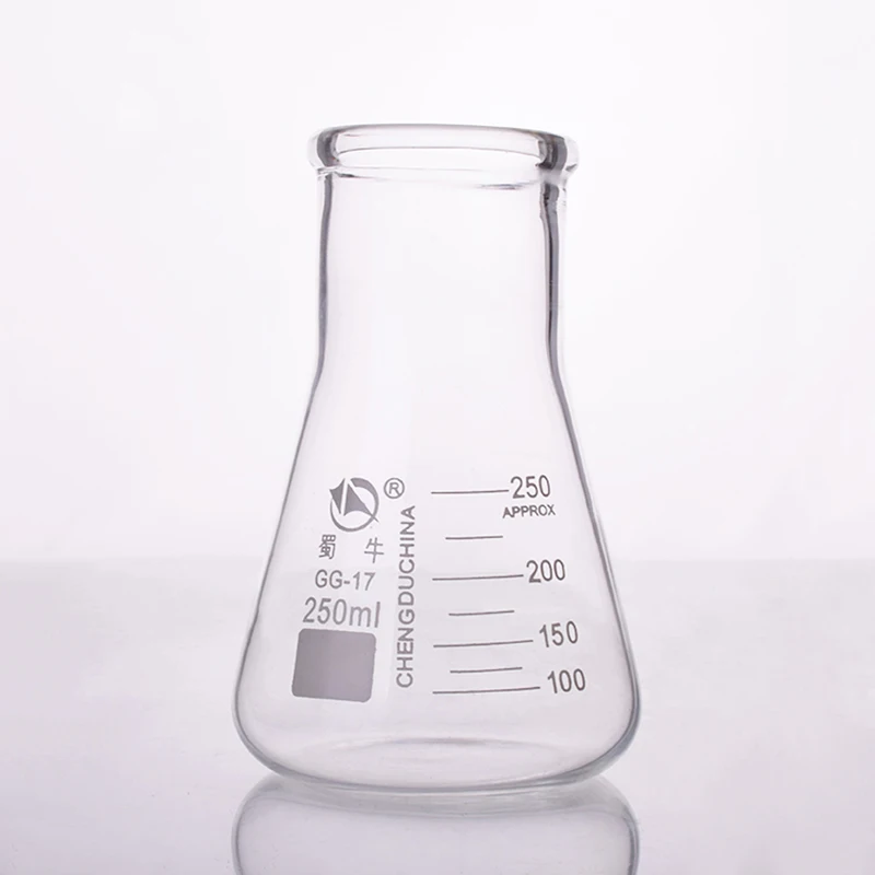 Conical flask,Wide neck with graduations,Capacity 250ml,O.D. of neck 52mm,Erlenmeyer flask with normal neck.