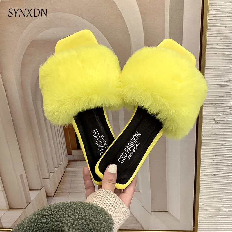 

2021 Popular Women's Summer Soft Fluffy Slippers Faux Fur Flat Shoes For Ladies Outdoor Or Indoor House Slippers Girl Slides