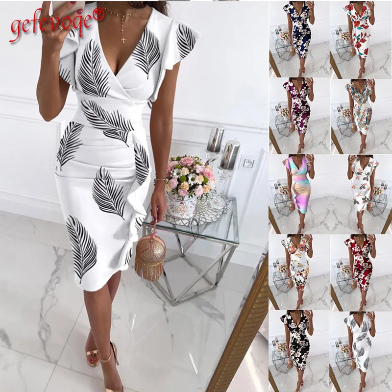 

Summer Elegant Fashion Women's Clothing 2021 New V-Neck Slim Pleated Ruffles Package Hip Female Dress Floral Printed Vestido De