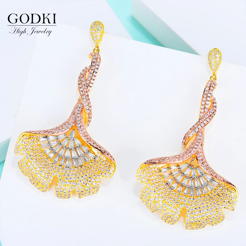 

Женские серьги в форме листьев гинкго, трехцветные серьги с фианитом, 68 мм