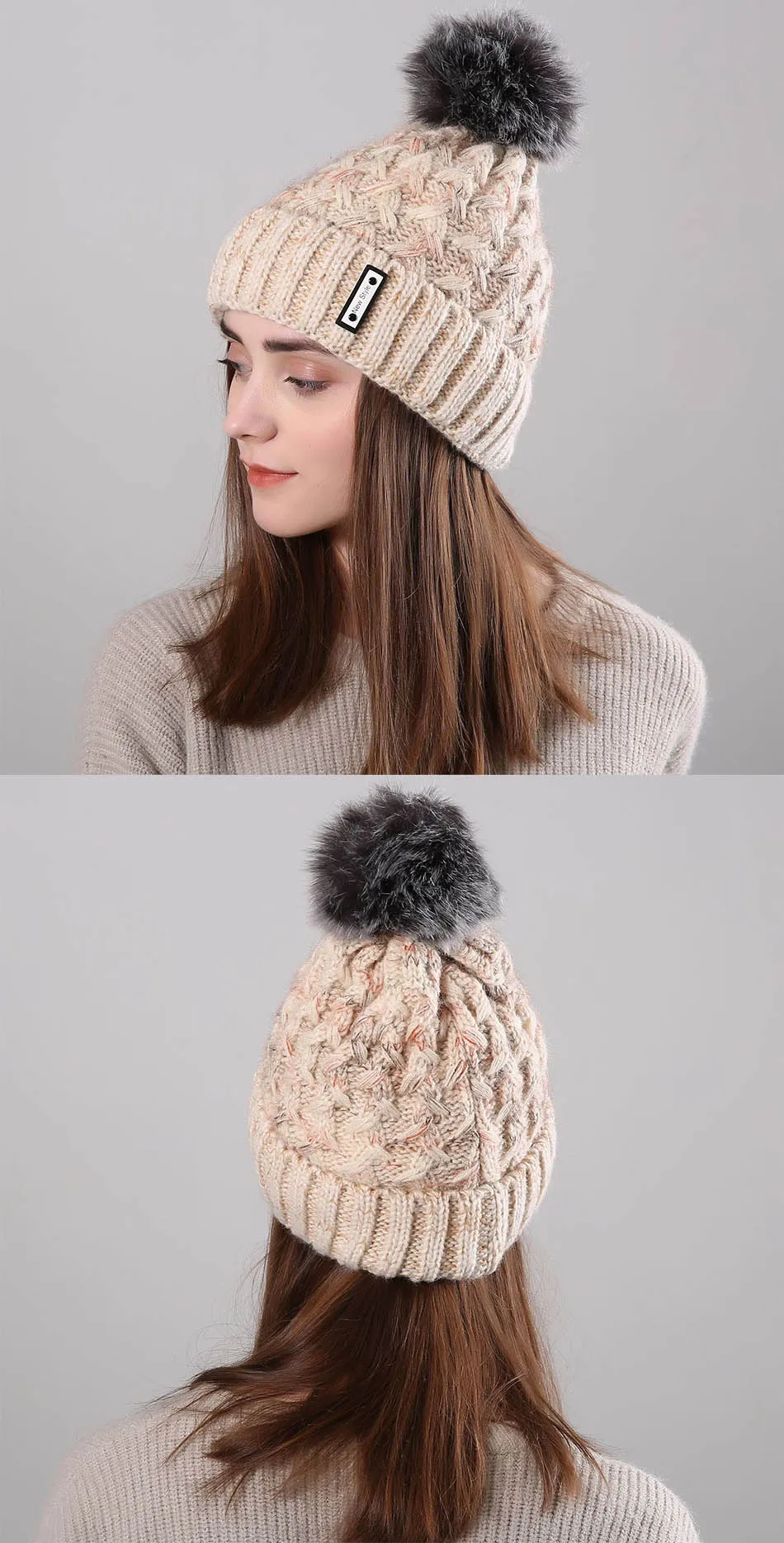 FS стиль зимние шапки для женщин Мех животных Pom Beanie вязаный Skullies Красный розовый плюс бархат открытый уха головы теплые шапки с помпоном
