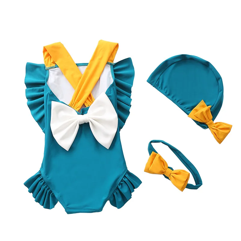 

Infant Baby Girl Swimsuit Solid Criss Cross Back Ruffled Bow One Piece Swimwear With Hat and Headband 3PCS Bathing Suit Outfits