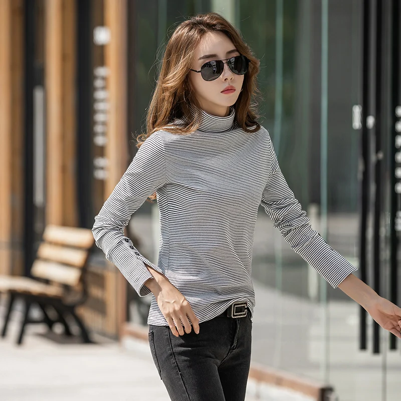 Женская футболка в полоску с воротником стойкой и длинным рукавом 6978 50|Футболки| |