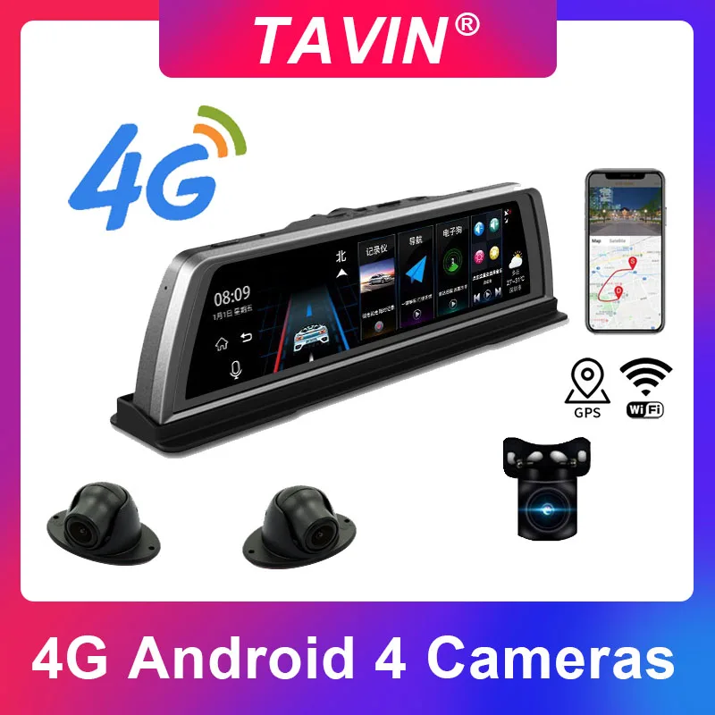 Автомобильный видеорегистратор TAVIN 4 камеры 4G Android ADAS Bluetooth Wi-Fi GPS 10-дюймовый