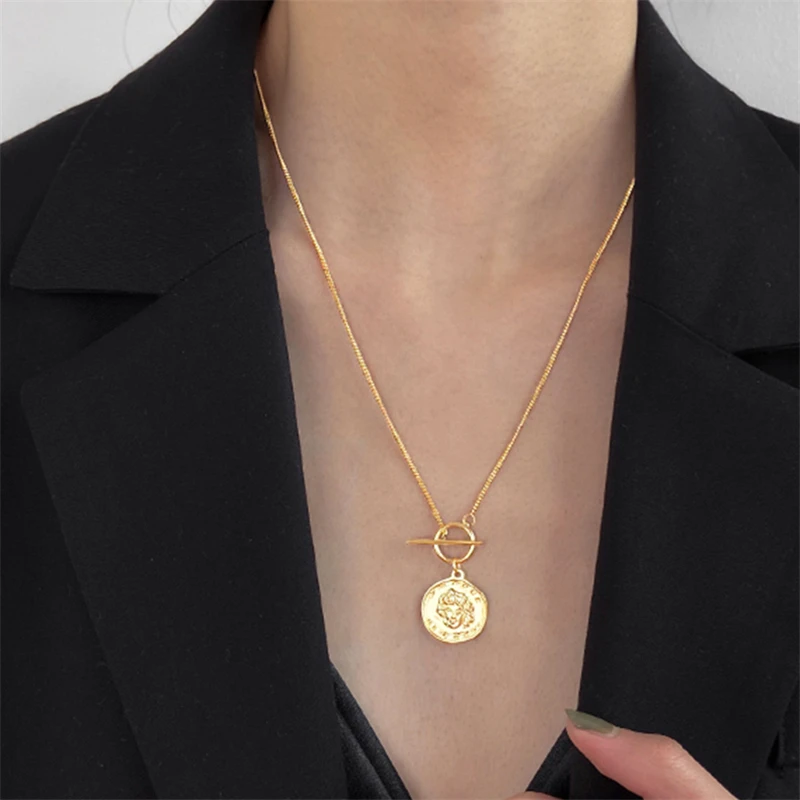 

925 Silver Engraving Coin Pendants Necklace Jewelry Minimalism Chocker Kolye Vintage Collier Bijoux Femme Women Golden Necklace