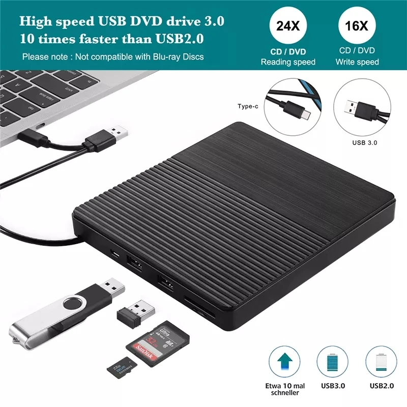 Внешний оптический привод USB 3,0, портативный внешний привод Type-C для записи CD, высокоскоростной CD/DVD-плеер, кардридер TF/SD для Windows Linux