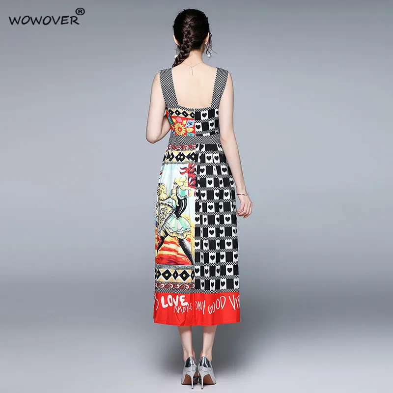 

Women Elegant Summer Vintage Print Mid Calf Spaghetti Strap Dress Runway Festa Fashion Designers Aline Holiday Party Vestidos