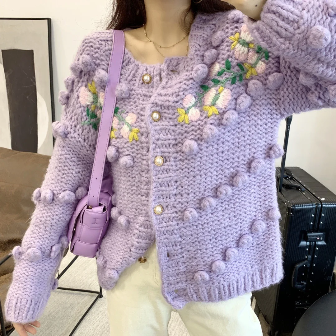 Женский вязаный кардиган ручной работы плотный крючком свитер с объемными