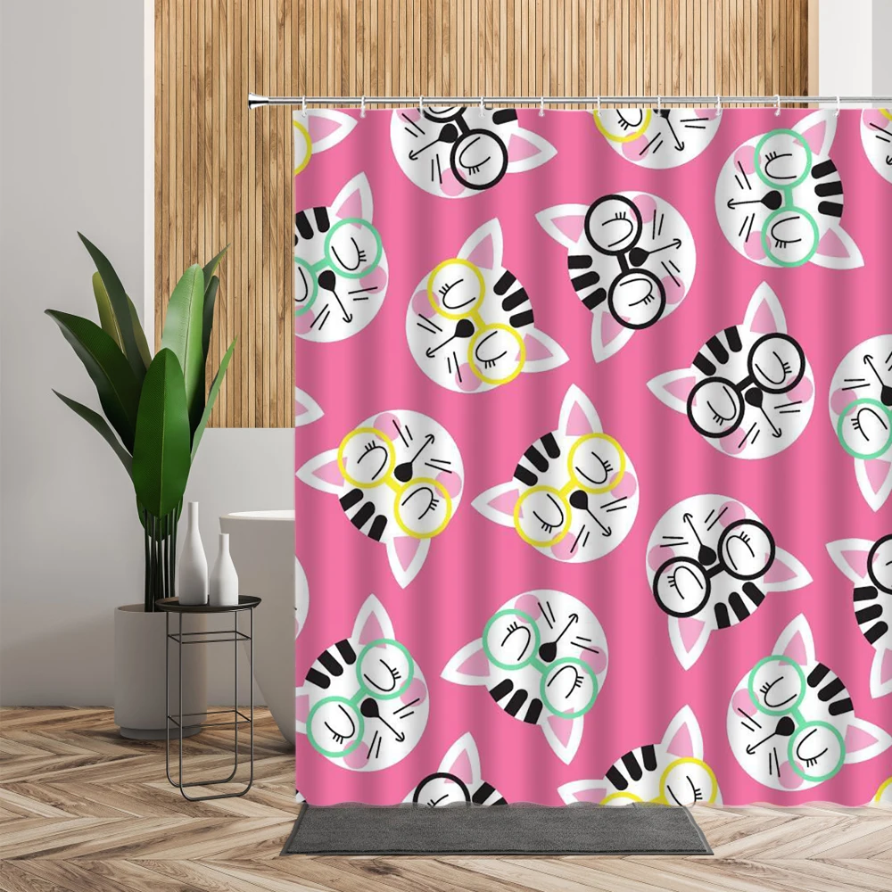 cartoon cat shower curtain set lovely cute cats animal kids bathroom decor waterproof child bath cloth home curtains accessories free global shipping