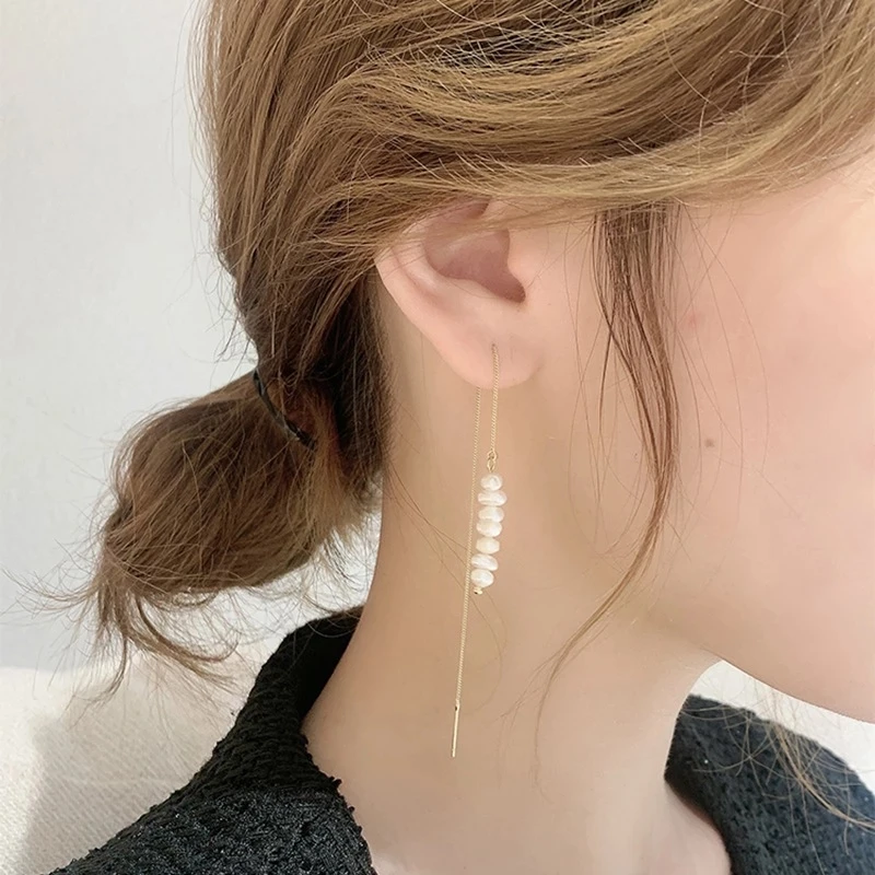 

Korean Japan Elegant Freshwater Pearl Tassel Long Drop Earrings For Women Girls Fashion Pendientes Oorbellen Jewelry