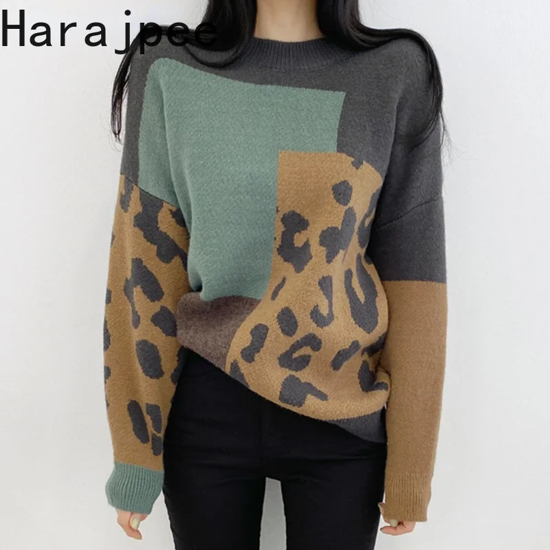 

Женский трикотажный свитер Harajpee в стиле ретро с леопардовым принтом, круглым вырезом, жаккардовый пуловер свободного покроя, модель 2021 года...