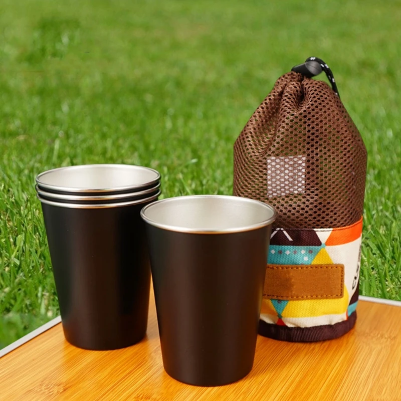 

4Pcs Stainless Steel Outdoor Camping Tumbler Cup with Mesh Bag Set Travel Picnic Water Drinking Glass Coffee Beer Mug