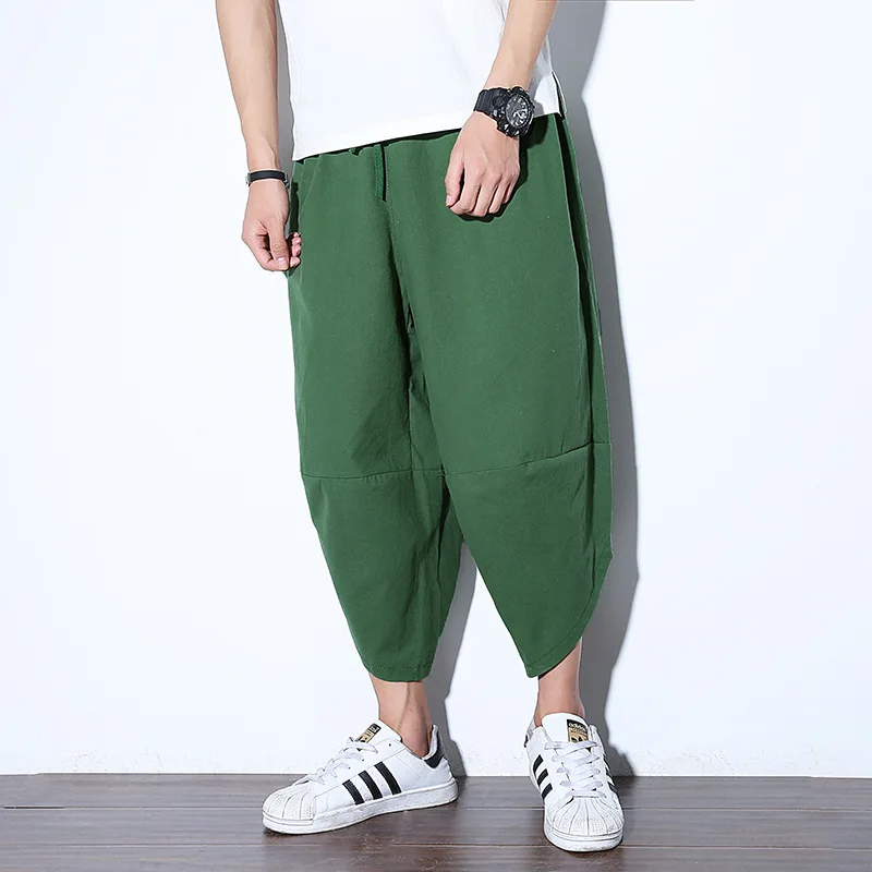 #2532 летние хлопковые льняные широкие брюки для мужчин с эластичной резинкой на
