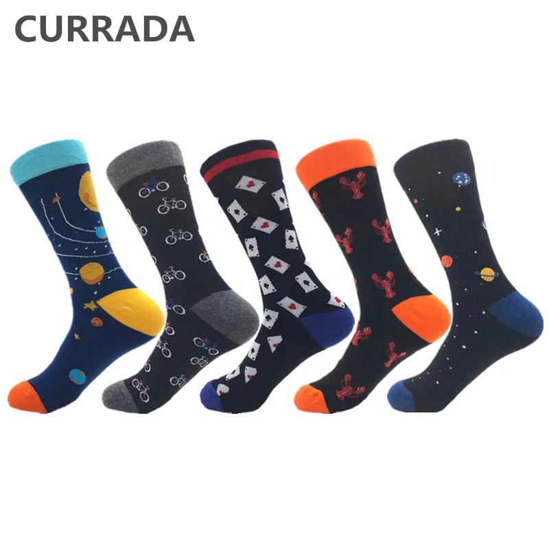 CURRADA 5 пар/лот забавные мужские носки из чесаного хлопка красочные счастливые команды повседневное платье, носки новинка хип хоп тренд Компрессионные носки