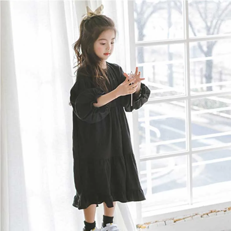 Girls Dress 2019 Autumn Solid Cotton Kids Flare Children Girl Casual Cute Dresses Toddler Teen Clothes | Детская одежда и обувь