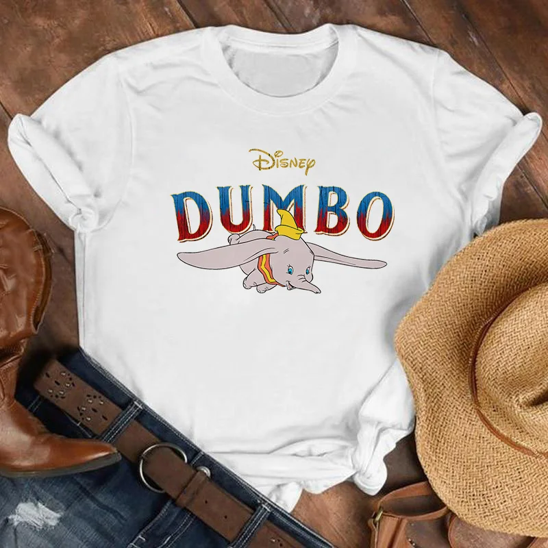 

New Fashion Disney Woman Tshirts Funny Cartoon Elephant Dumbo Graphic Tee Women Top Harajuku Kawaii White T Shirt Female Clothes