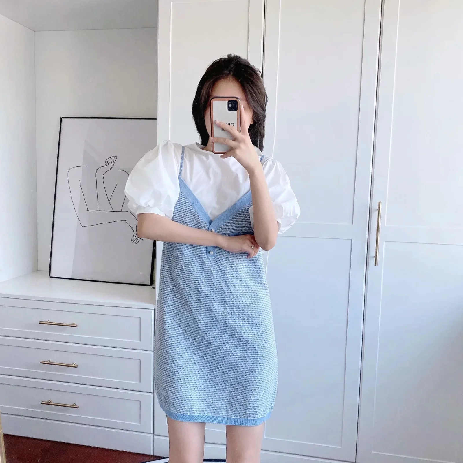 

Summer Women's Sweet Short-sleeved Fake Two-piece Short Skirt Knitted Lady Dress