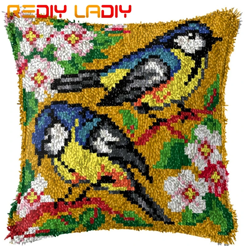 Latch Hook Kits Make Your Own Cushion Two Birds Flowers Acrylic Yarn Crochet Pillow Case Cover Hobby &amp Crafts | Дом и сад