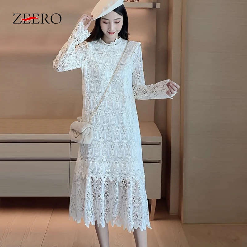 

Spring Women Casual Long Sleeve Hollow Out Lace Dress Elegant Female Vintage White Straight Ruffles Long Party Dresses