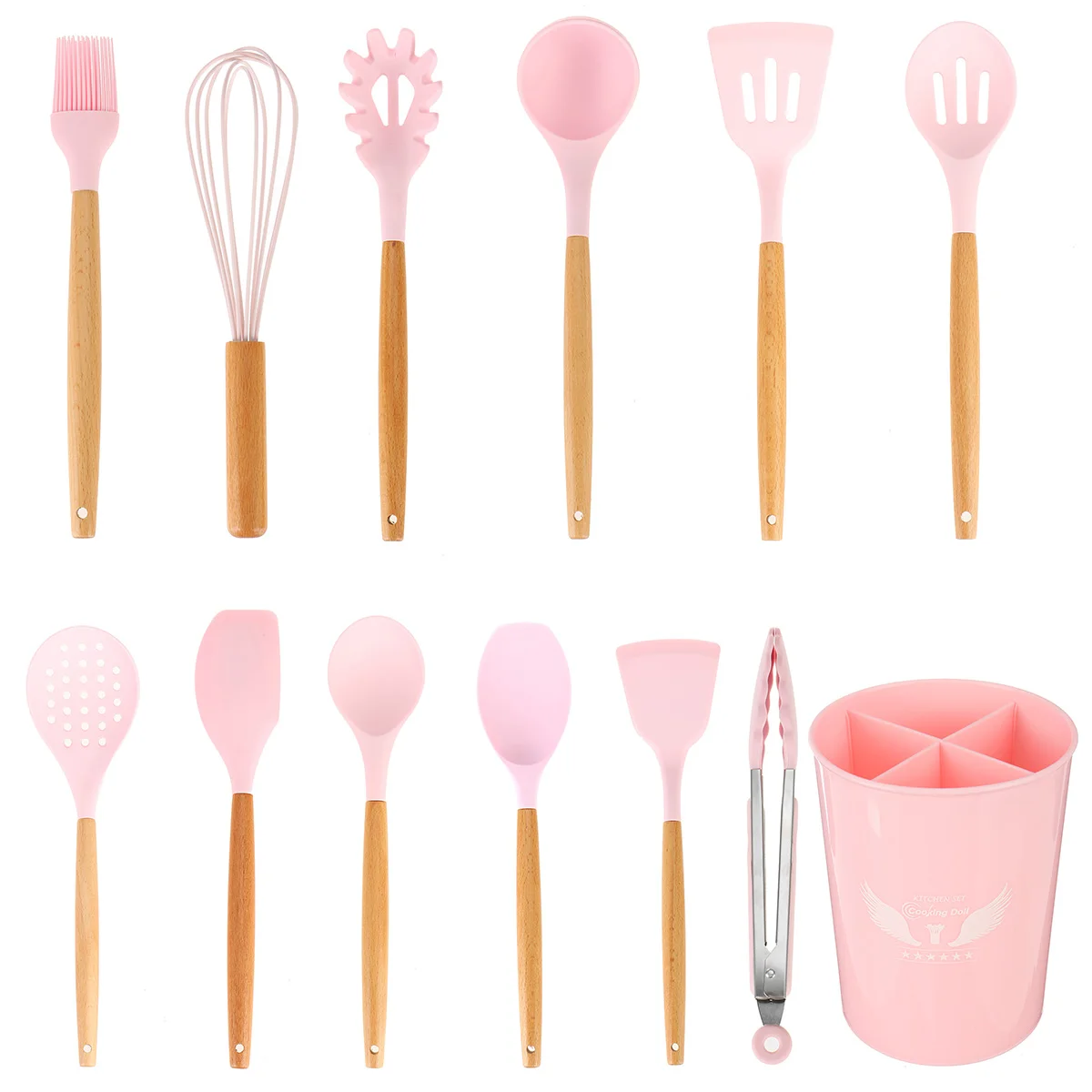 

12PCS Silicone Cooking Utensil Set Non-stick Spatula Shovel Wooden Handle Silicone Kitchen Cooking Utensils Set with Storage Box