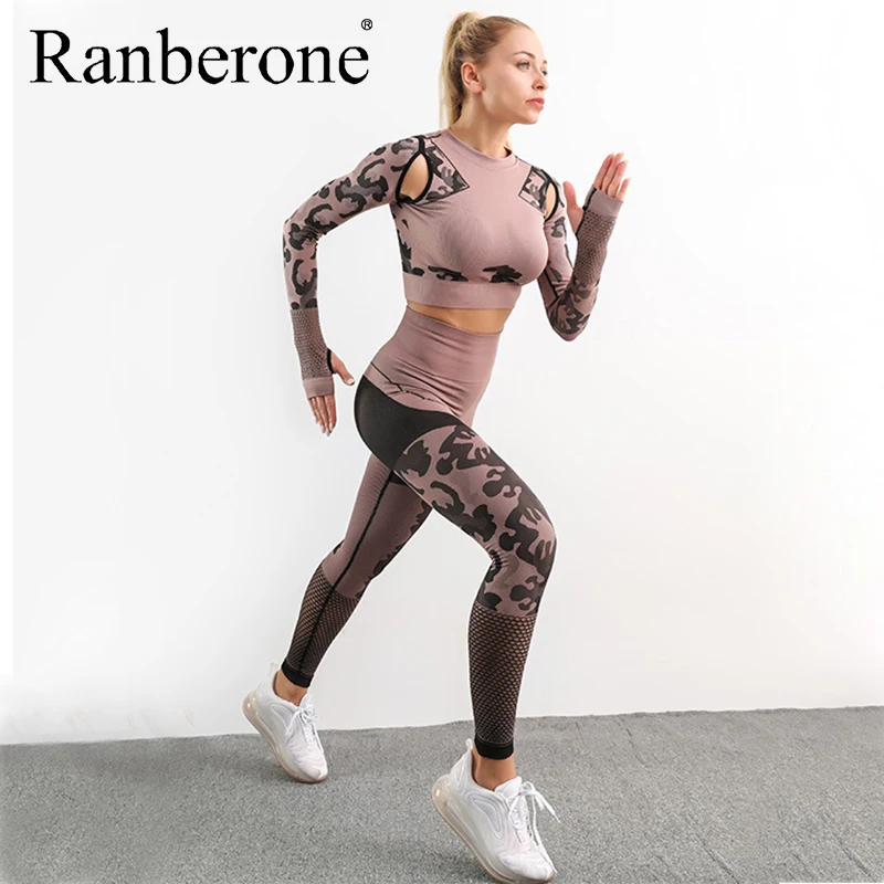 Ranberone 2 Piece Yoga Sets Sport Fitness Seamless Workout Clothes Gym Women Hollow Out Patchwork Women's Tracksuit 2020