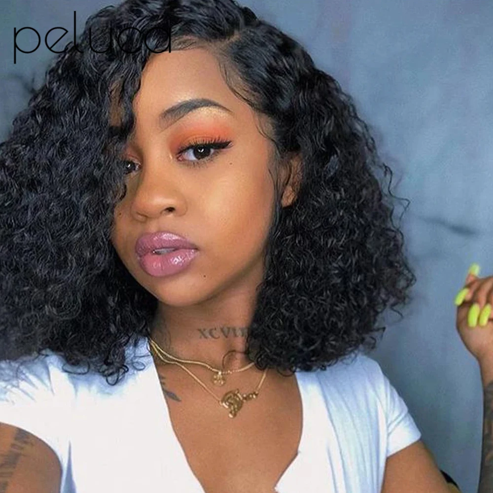 Corte de Cabelo Humano para as Mulheres Perucas Encaracoladas Curto Pixie Natural Preto Remy Cabelo 150% Densidade Glueless Barato Parte Lateral Humanas