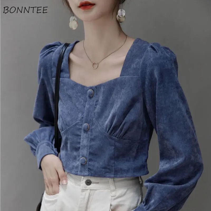 

Blouses Women Long Sleeve Tops Square Collar Temperament Solid All-match Ins College Vintage Corduroy Blusas Mujer Design Classy
