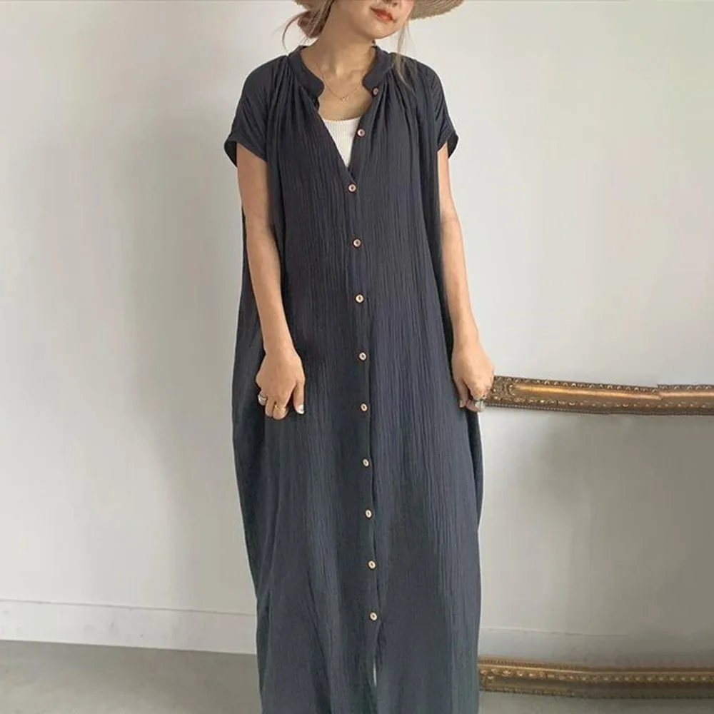

Women Summer Dress Short-sleeved Maxi-length Button Ladies Fashion Dress Korean Style Hot A-line Mid-waist Casual Long Dress