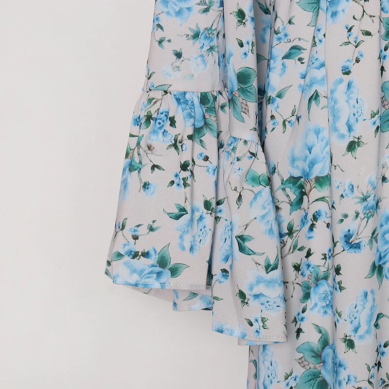

SISPELL Print Ditsy Floral Dresses For Female V Neck Bell Sleeve High Waist Slimming Women's Elegant Dress Fashion New 2021