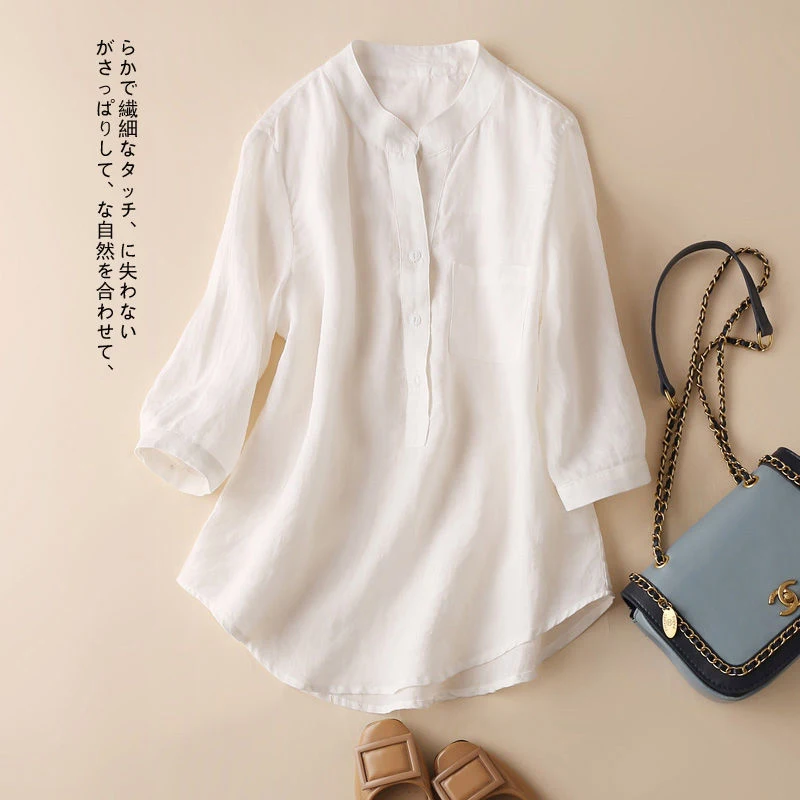 

100% Linen V-neck Shirts 2021 Summer New Arts Style Women Half Sleeve Loose Shirt All-matched Casual White Blouse Tops M185