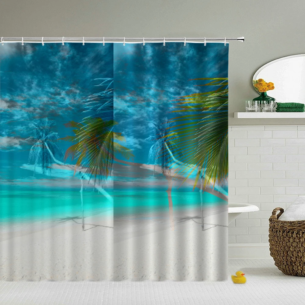 

Waterproof Shower Curtains Beach Ocean Tropical landscape 3d Bathroom Curtains With Hooks Printing Decor Washable Bath Screen