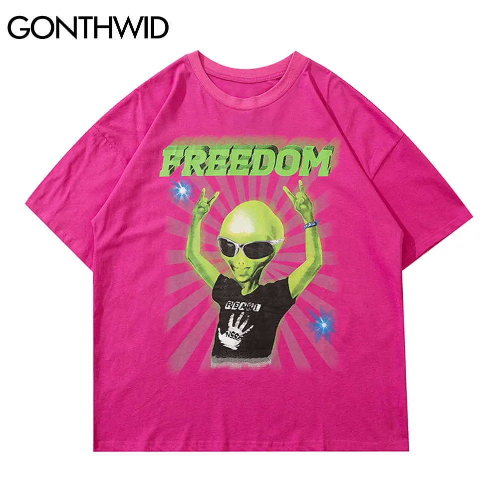 

Футболка GONTHWID мужская с забавным инопланетянином, модная Уличная Повседневная рубашка в стиле хип-хоп, свободная хлопковая футболка с коро...