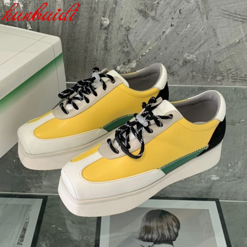 

New Style Square Toe Shoes Color Matching Platform Platform Platform Shoes Women Lace Up Leather British Mid Heel Shoes