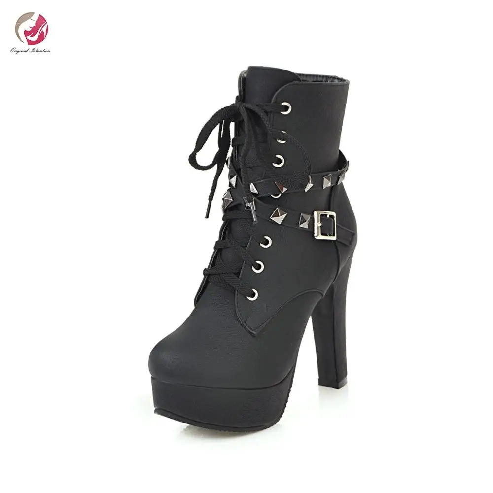 Женские ботильоны с заклепками черные ботинки на платформе перекрестной