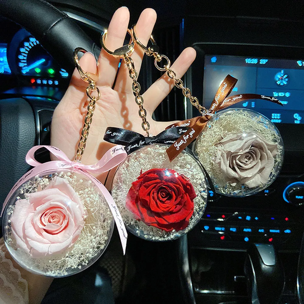 

1pc Rose Flower Keychain Car Ornaments Big Acrylic Round Ball Pendant Car Hanging Pearl Key Chain Ring Valentine's Day Gift