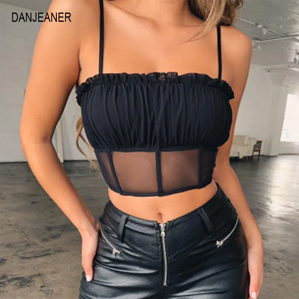 

DANJEANER Summer Women Sexy Sleeveless Slim Ruffled Bandage Vest Solid Color Tank Crop Top Women Sexy Cool Summer Beach Crop Top