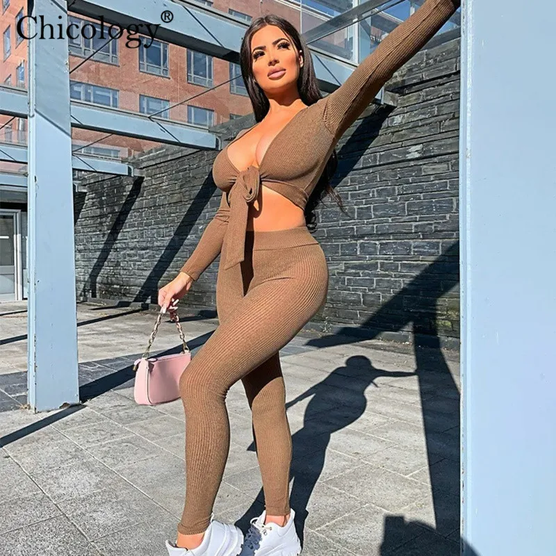 Chicology lace up sexy two piece matching set long sleeve top pants 2 pc club outfits women 2020 winter fall birthday clothes |