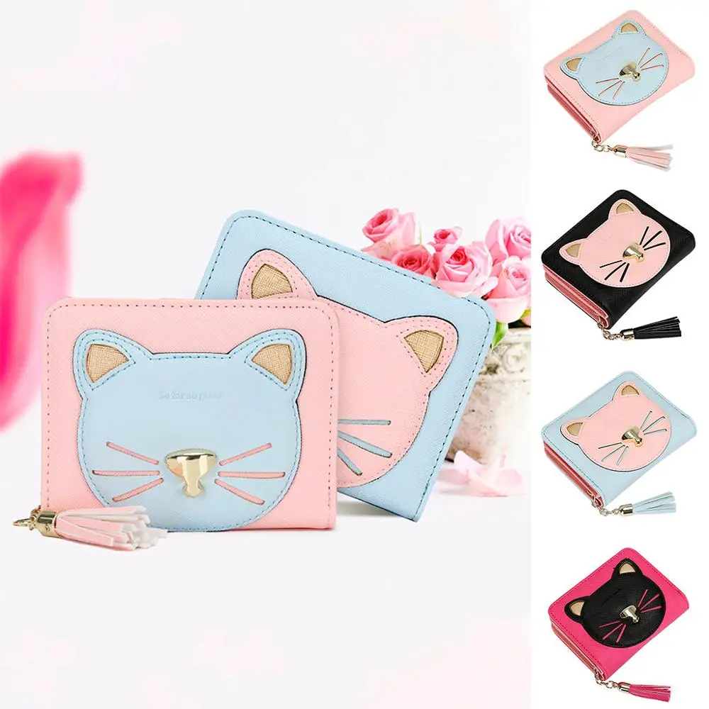 Женский кошелек с милыми кошками и кисточками короткий мини многофункциональный