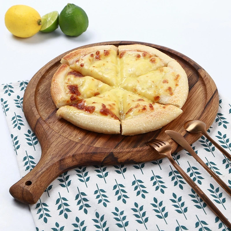

Wooden 9" Round Bread Tray Cutting Board with Handle Pizza Bread Serving Tray Wooden Dishes Tableware Plate Bakeware