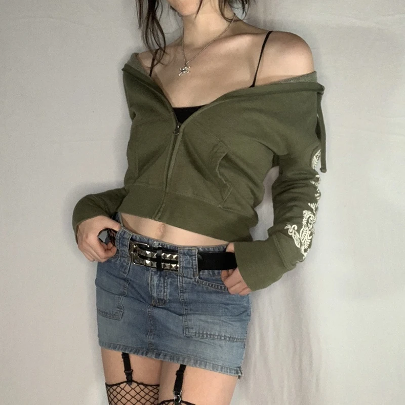 Rockmore Printed Crop Hooded Jackets Streetwear Vintage Cotton Coats Autumn Casual Women Zip Up Hoodies Female Fairy Grunge