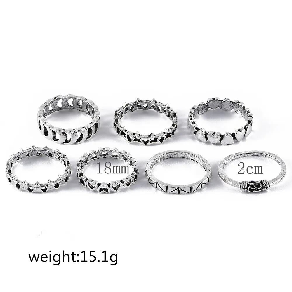 ALYXUY 7Pcs/Set Vintage Moon Stars Heart Rings For Women Girls Ethnic Geometric Finger Ring Set Knuckle Fashion Jewelry - купить по